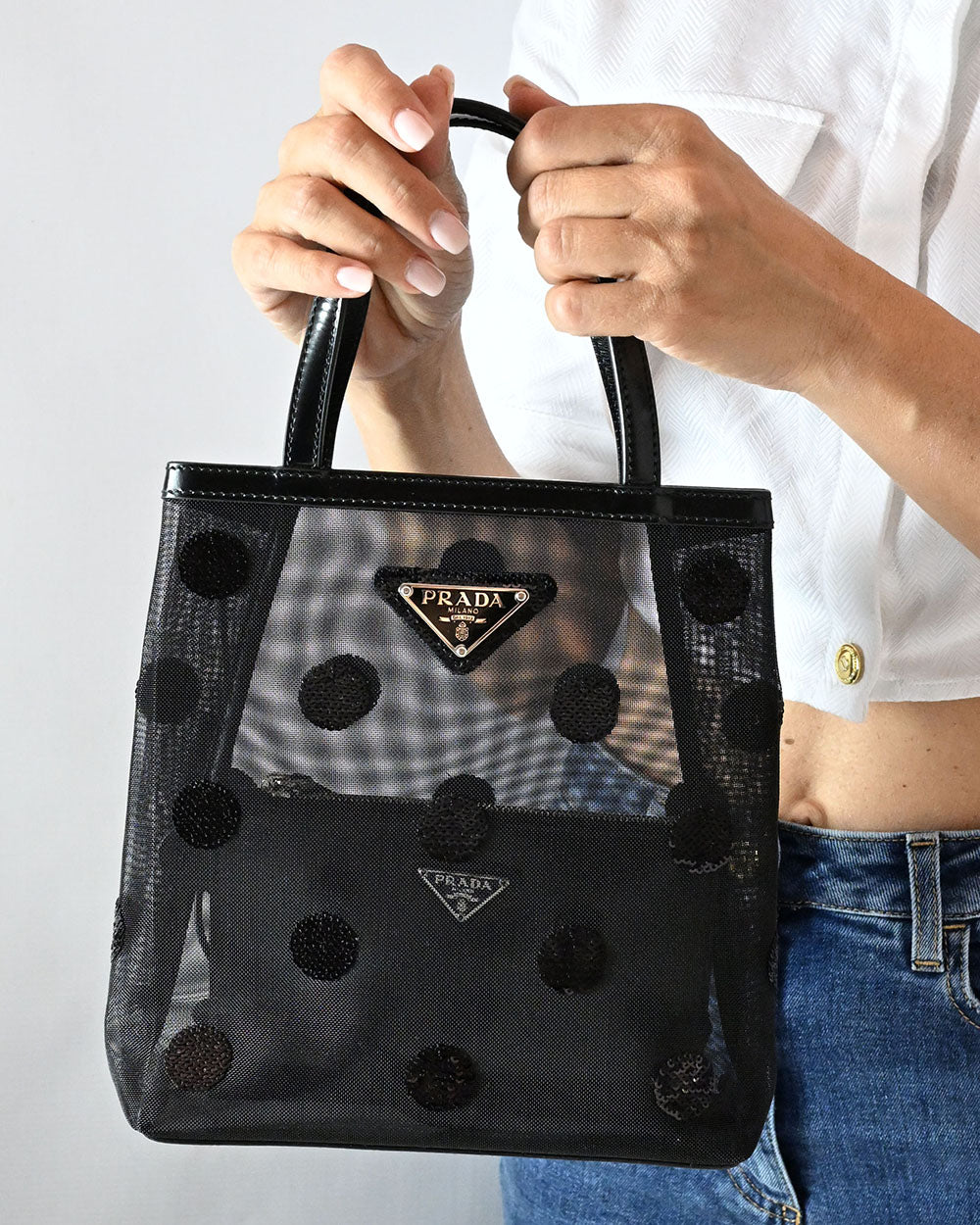 Borsa Small in mesh e pelle con paillettes