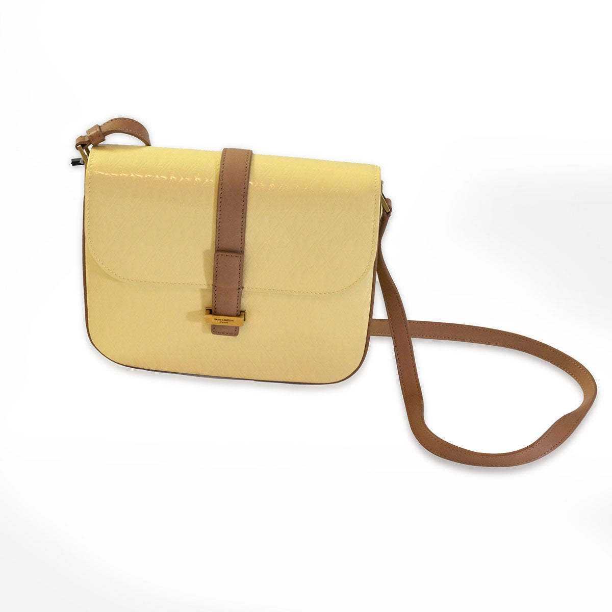 Saint Laurent  Borsa a tracolla Saint Laurent Besace Messenger in pelle verniciata monogram beige e pelle marrone